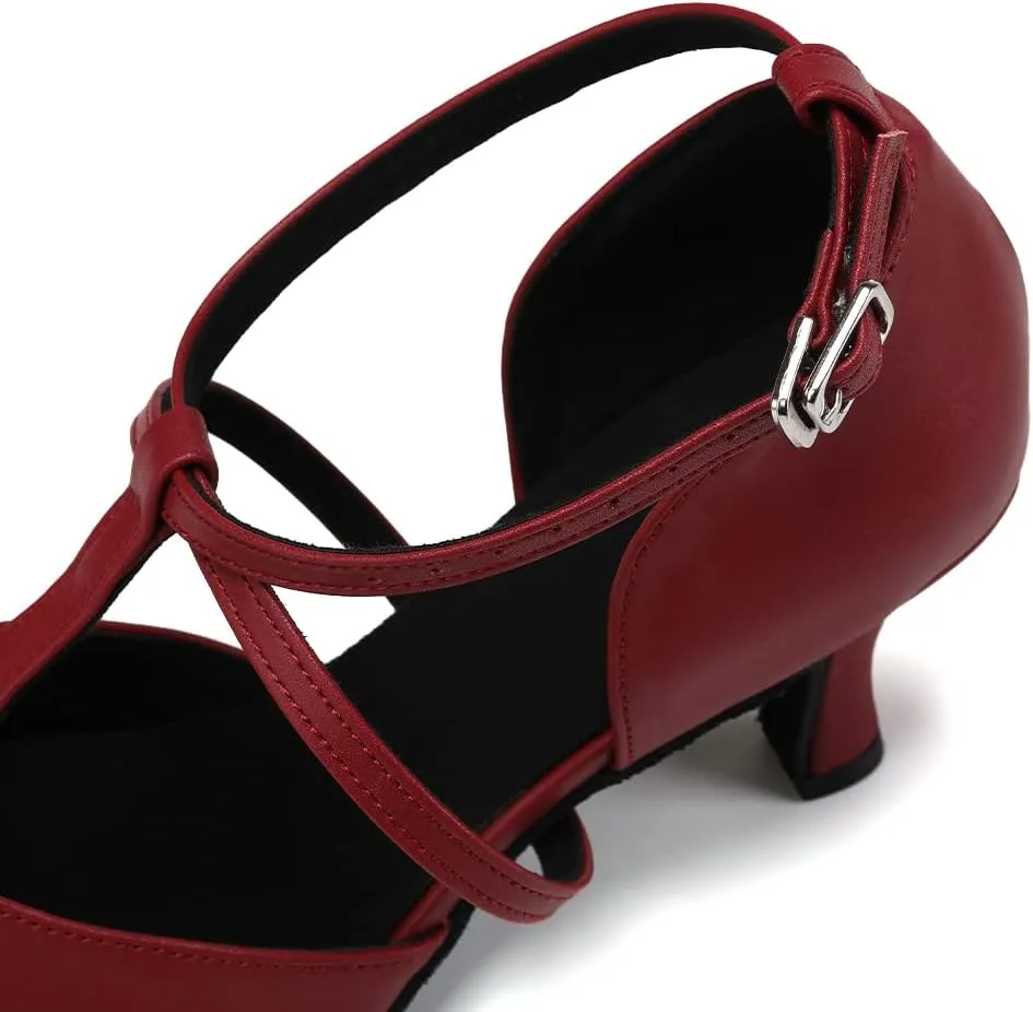 JUODVMP Women's Dance Shoes Leather Cross Strap Character Dance Shoes Ladies Modern Tango Salsa Heels
