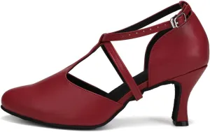 JUODVMP Women's Dance Shoes Leather Cross Strap Character Dance Shoes Ladies Modern Tango Salsa Heels