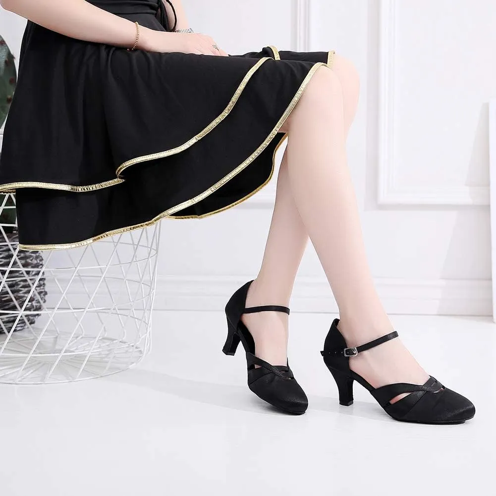 JUODVMP Womens Satin Latin Dance Shoes Professional Practice Salsa Ballroom Modern Character Social Dance Shoes,Model VS-QJW1003
