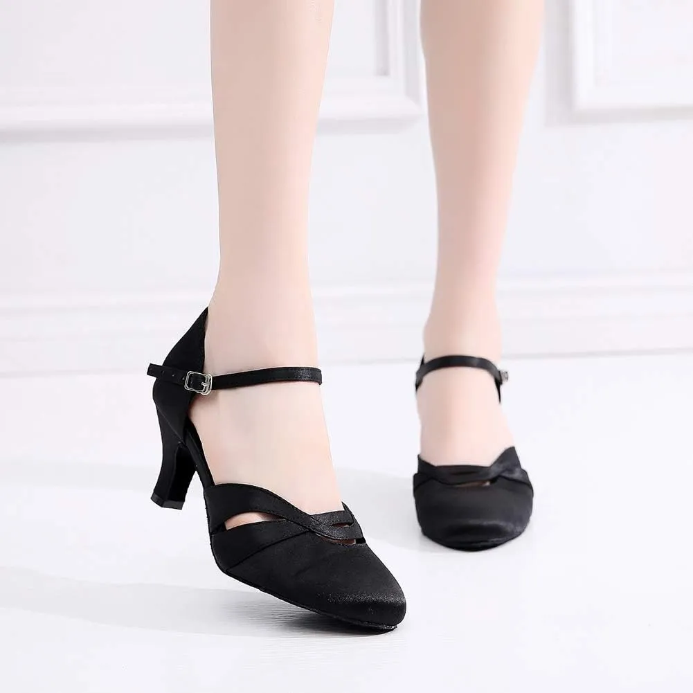 JUODVMP Womens Satin Latin Dance Shoes Professional Practice Salsa Ballroom Modern Character Social Dance Shoes,Model VS-QJW1003