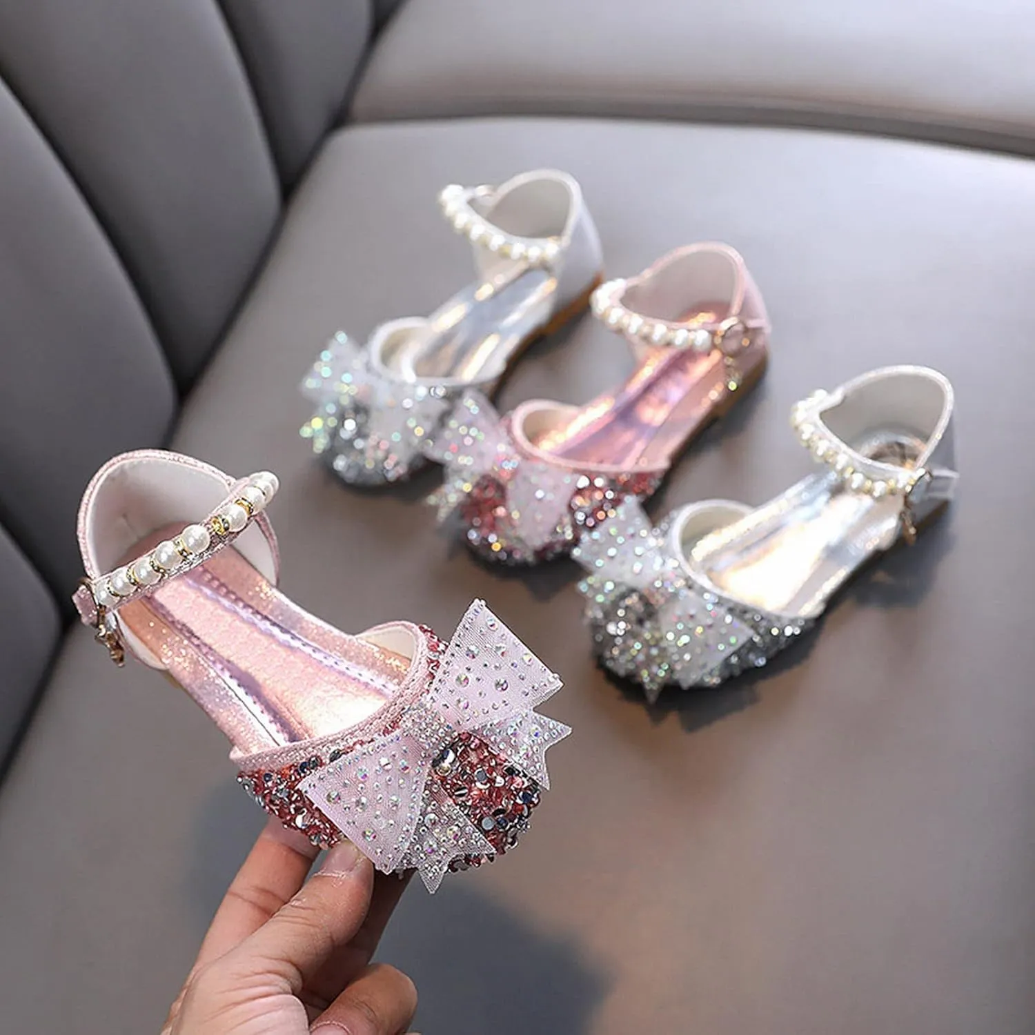 Kids Girls Dress Shoes Glitter Sequins Princess Sandals Low Heels Mary Jane Party Dance Shoes Rhinestone Sandals