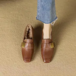Ladies Plush Thick Heel Loafers Non-slip Casual Warm Leather Shoes