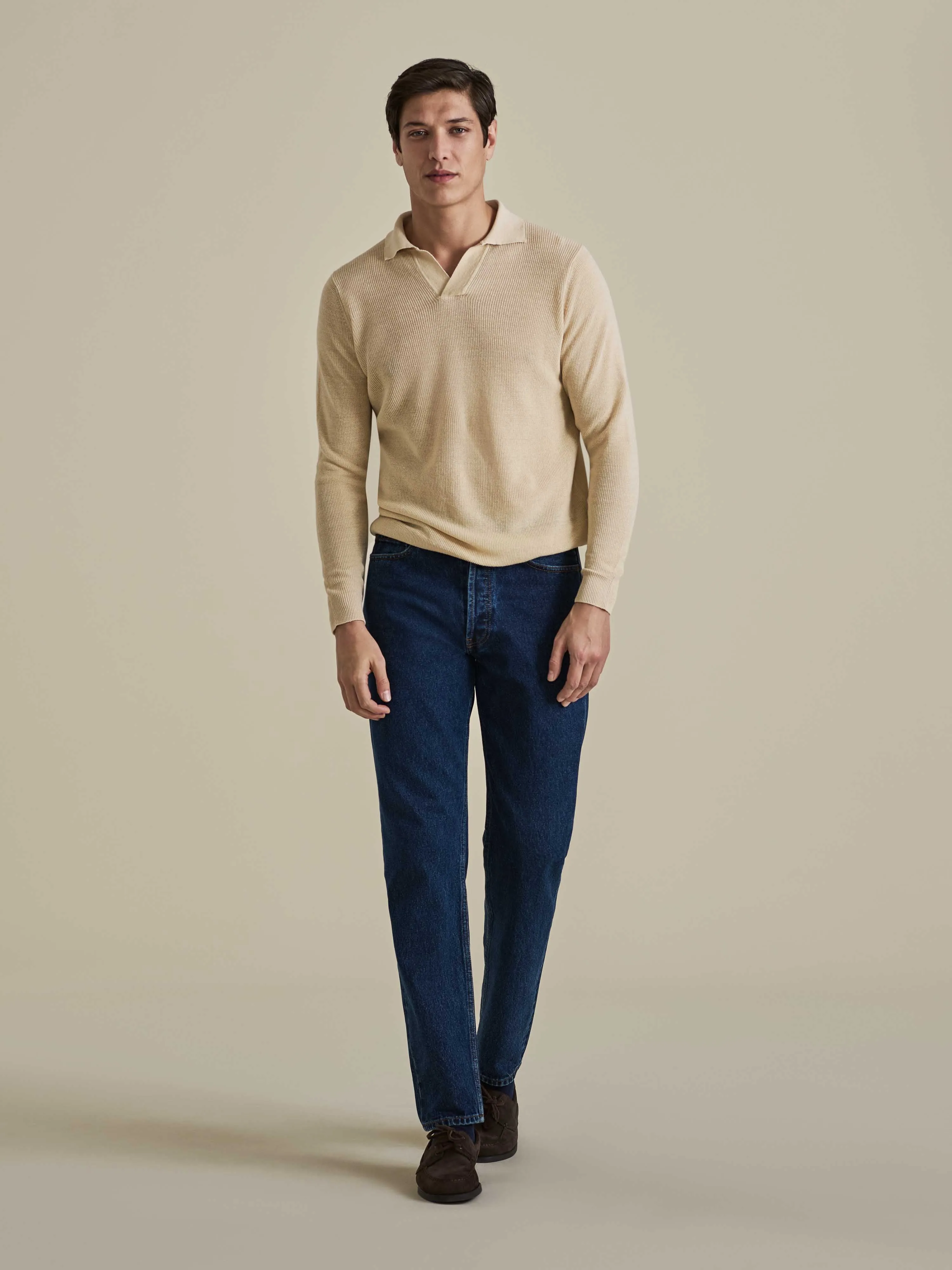 Linen Cotton Long Sleeve Skipper Polo Shirt