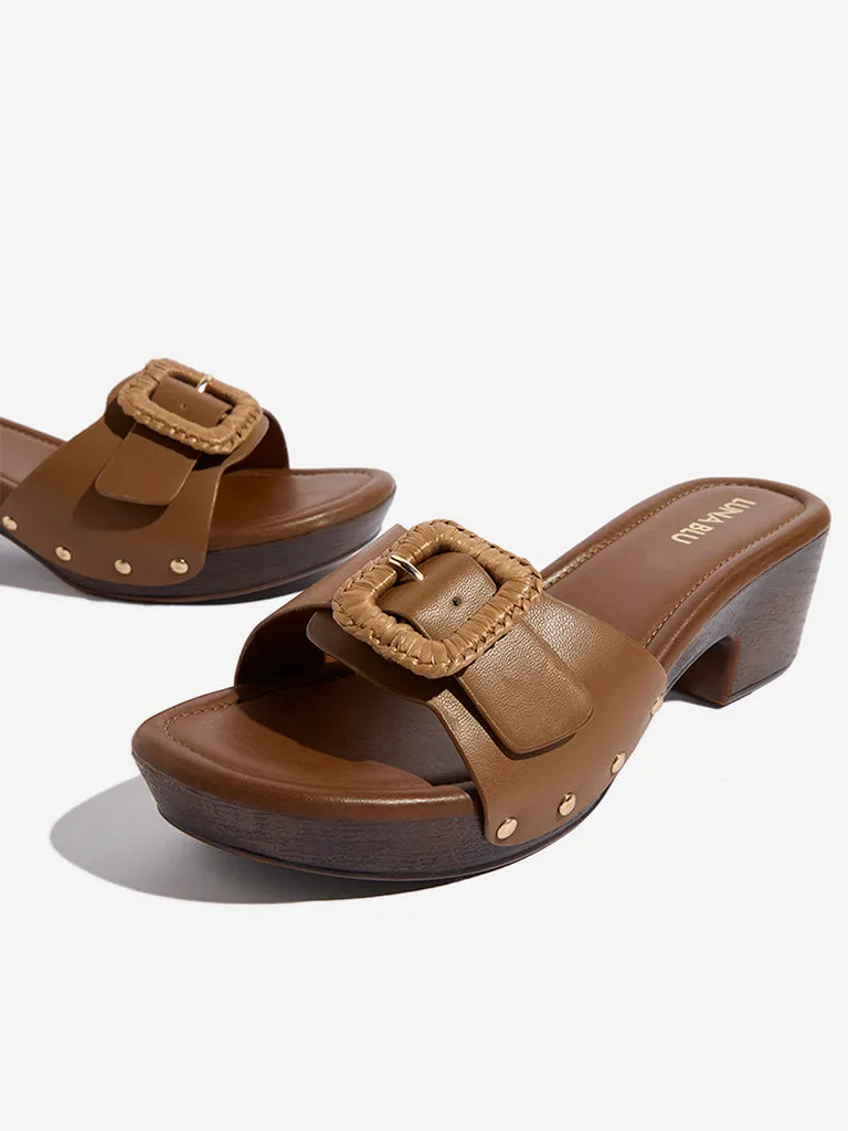 LUNA BLU Tan Buckle-Detailed Block-Heel Sandals