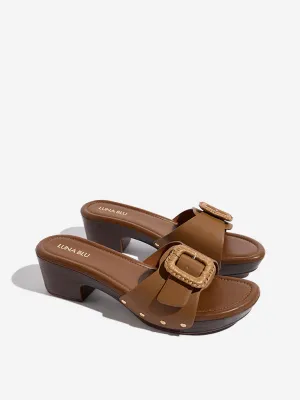 LUNA BLU Tan Buckle-Detailed Block-Heel Sandals