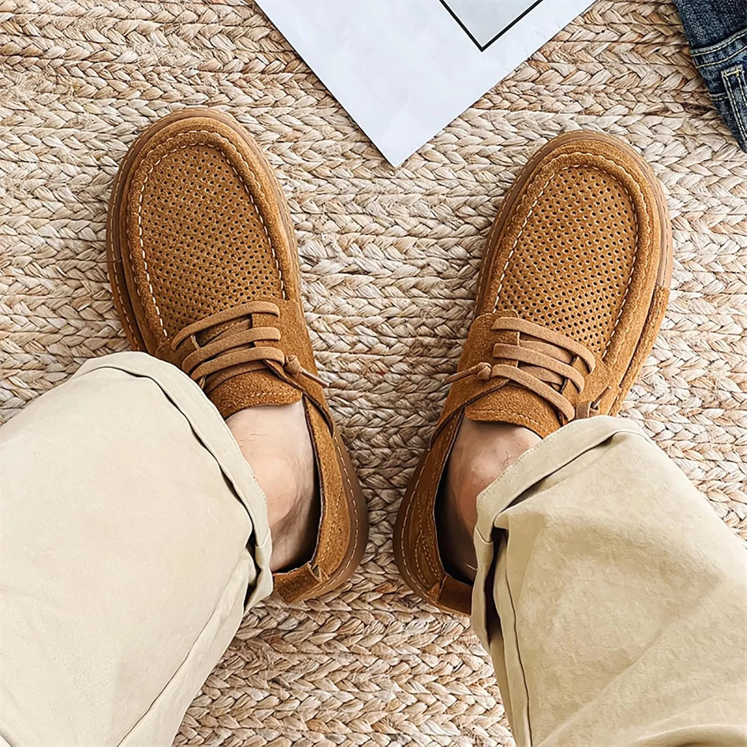 Mens Casual Slip-on Loafers Handmade Leather Lace Up Boat Shoes Lightweight Comfortable Wide Width Soft Sole Walking Shoes