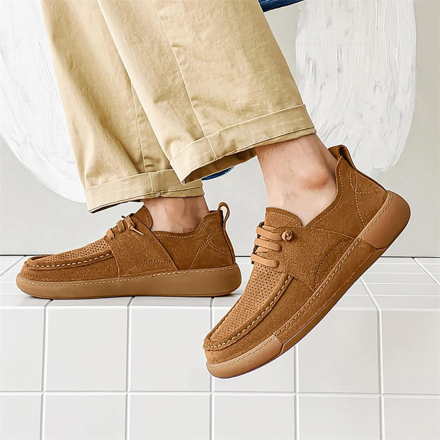 Mens Casual Slip-on Loafers Handmade Leather Lace Up Boat Shoes Lightweight Comfortable Wide Width Soft Sole Walking Shoes