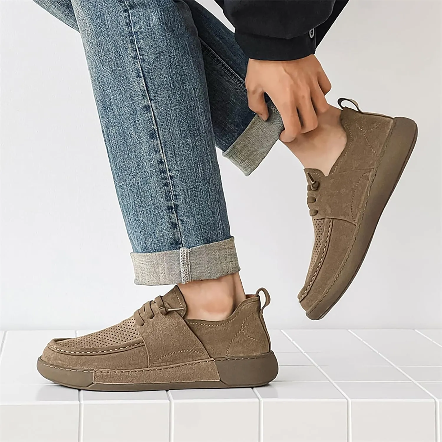 Mens Casual Slip-on Loafers Handmade Leather Lace Up Boat Shoes Lightweight Comfortable Wide Width Soft Sole Walking Shoes