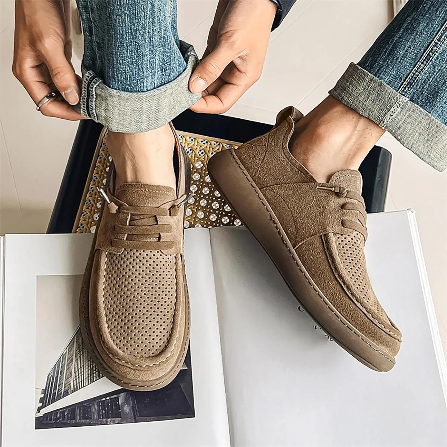 Mens Casual Slip-on Loafers Handmade Leather Lace Up Boat Shoes Lightweight Comfortable Wide Width Soft Sole Walking Shoes