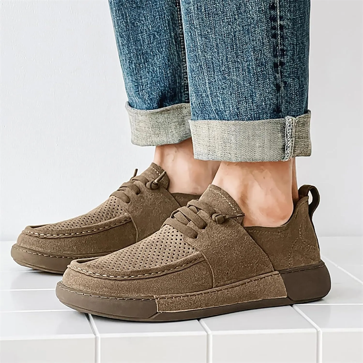 Mens Casual Slip-on Loafers Handmade Leather Lace Up Boat Shoes Lightweight Comfortable Wide Width Soft Sole Walking Shoes