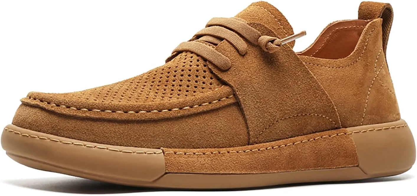 Mens Casual Slip-on Loafers Handmade Leather Lace Up Boat Shoes Lightweight Comfortable Wide Width Soft Sole Walking Shoes