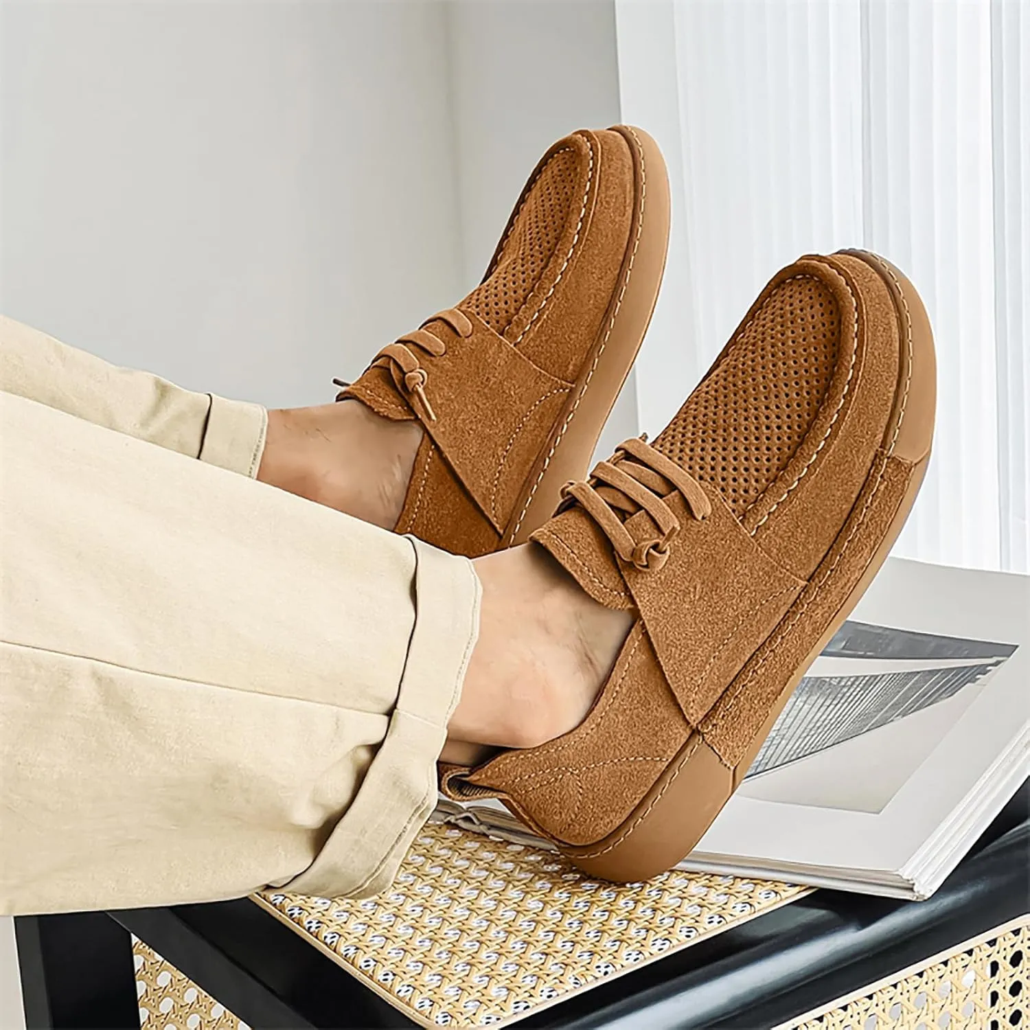 Mens Casual Slip-on Loafers Handmade Leather Lace Up Boat Shoes Lightweight Comfortable Wide Width Soft Sole Walking Shoes