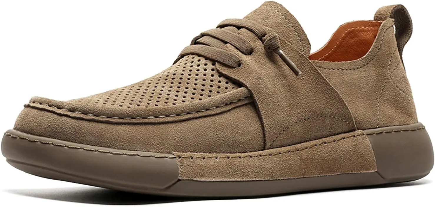 Mens Casual Slip-on Loafers Handmade Leather Lace Up Boat Shoes Lightweight Comfortable Wide Width Soft Sole Walking Shoes