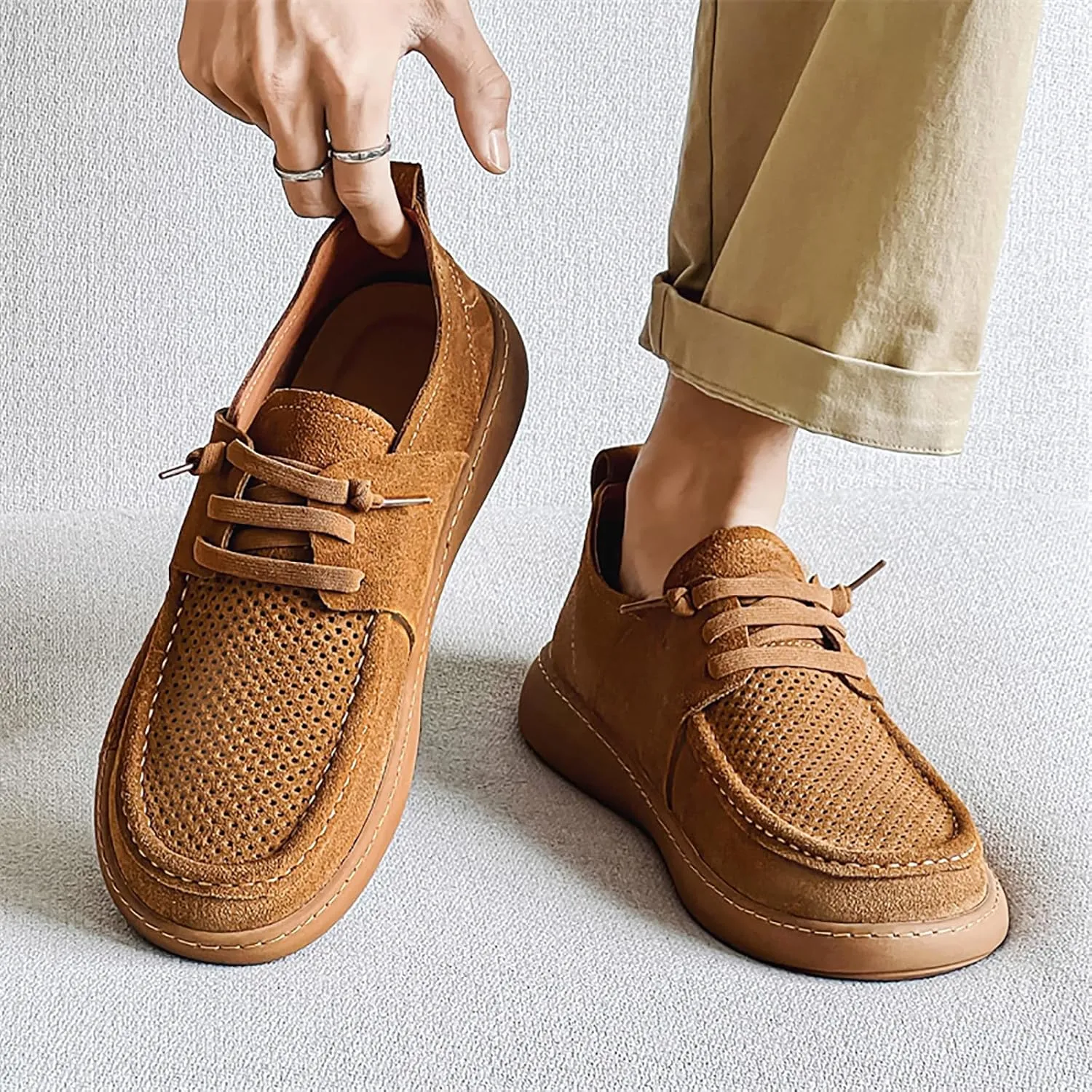 Mens Casual Slip-on Loafers Handmade Leather Lace Up Boat Shoes Lightweight Comfortable Wide Width Soft Sole Walking Shoes