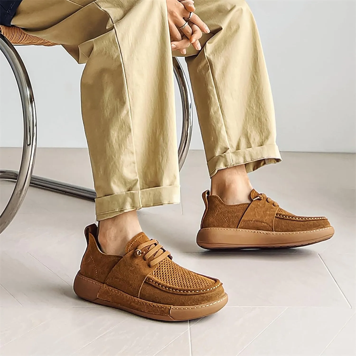 Mens Casual Slip-on Loafers Handmade Leather Lace Up Boat Shoes Lightweight Comfortable Wide Width Soft Sole Walking Shoes