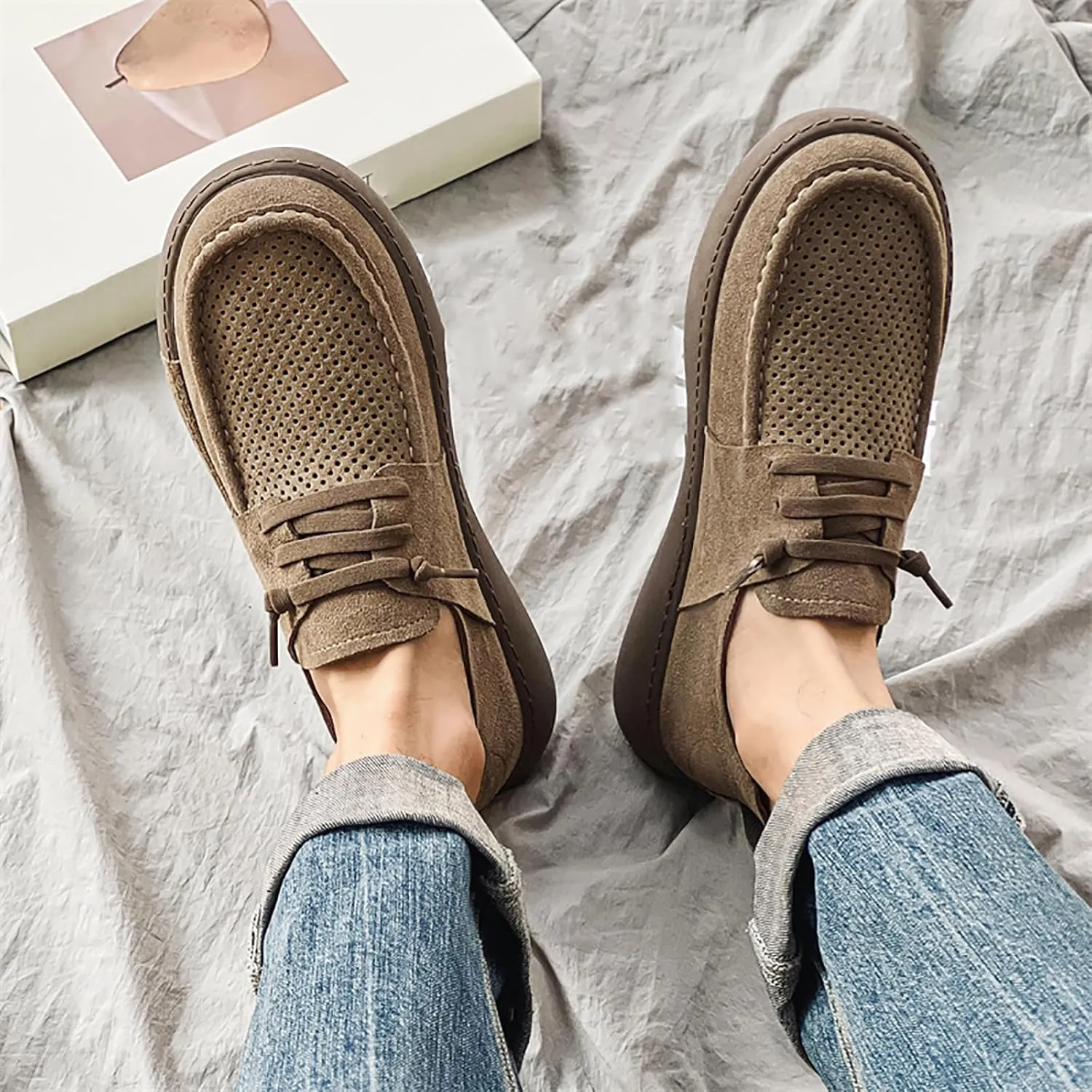 Mens Casual Slip-on Loafers Handmade Leather Lace Up Boat Shoes Lightweight Comfortable Wide Width Soft Sole Walking Shoes