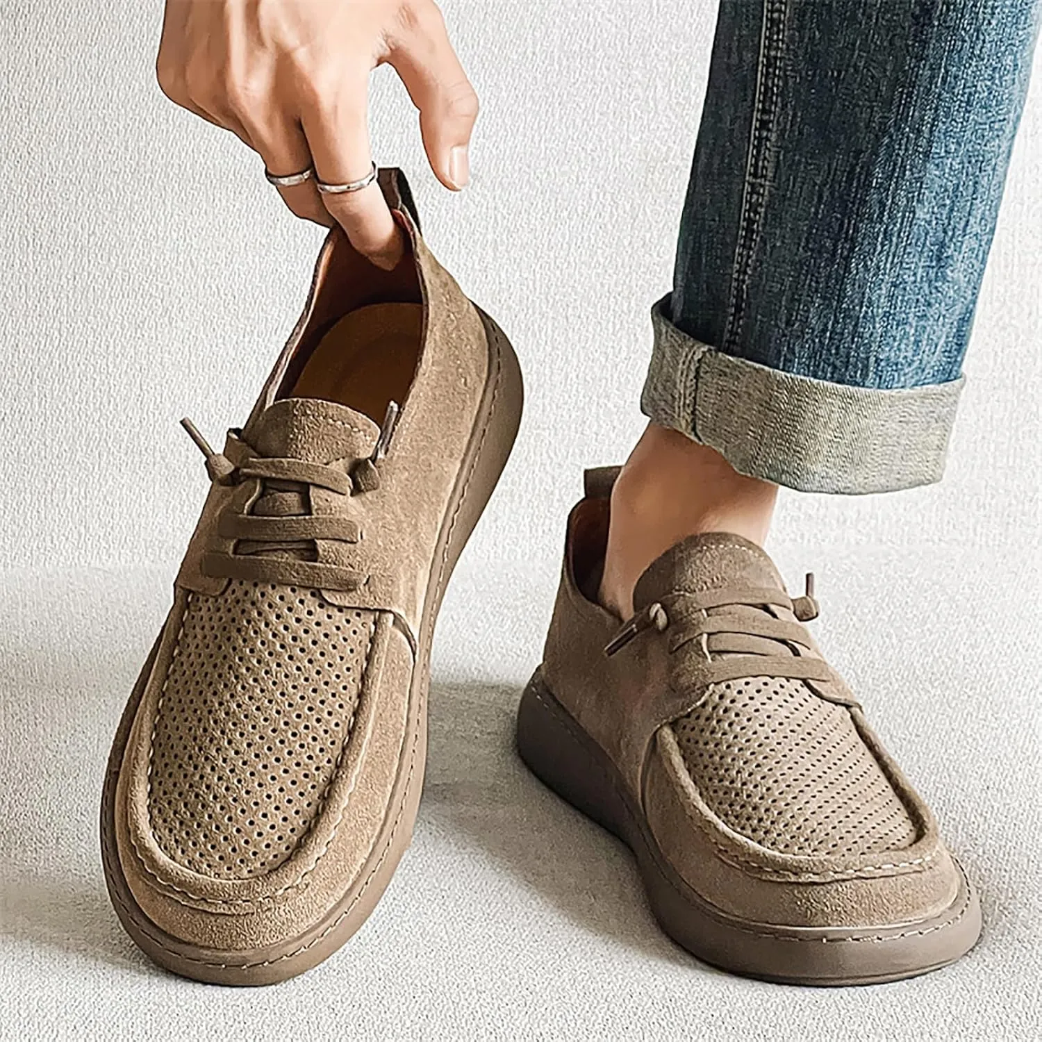 Mens Casual Slip-on Loafers Handmade Leather Lace Up Boat Shoes Lightweight Comfortable Wide Width Soft Sole Walking Shoes