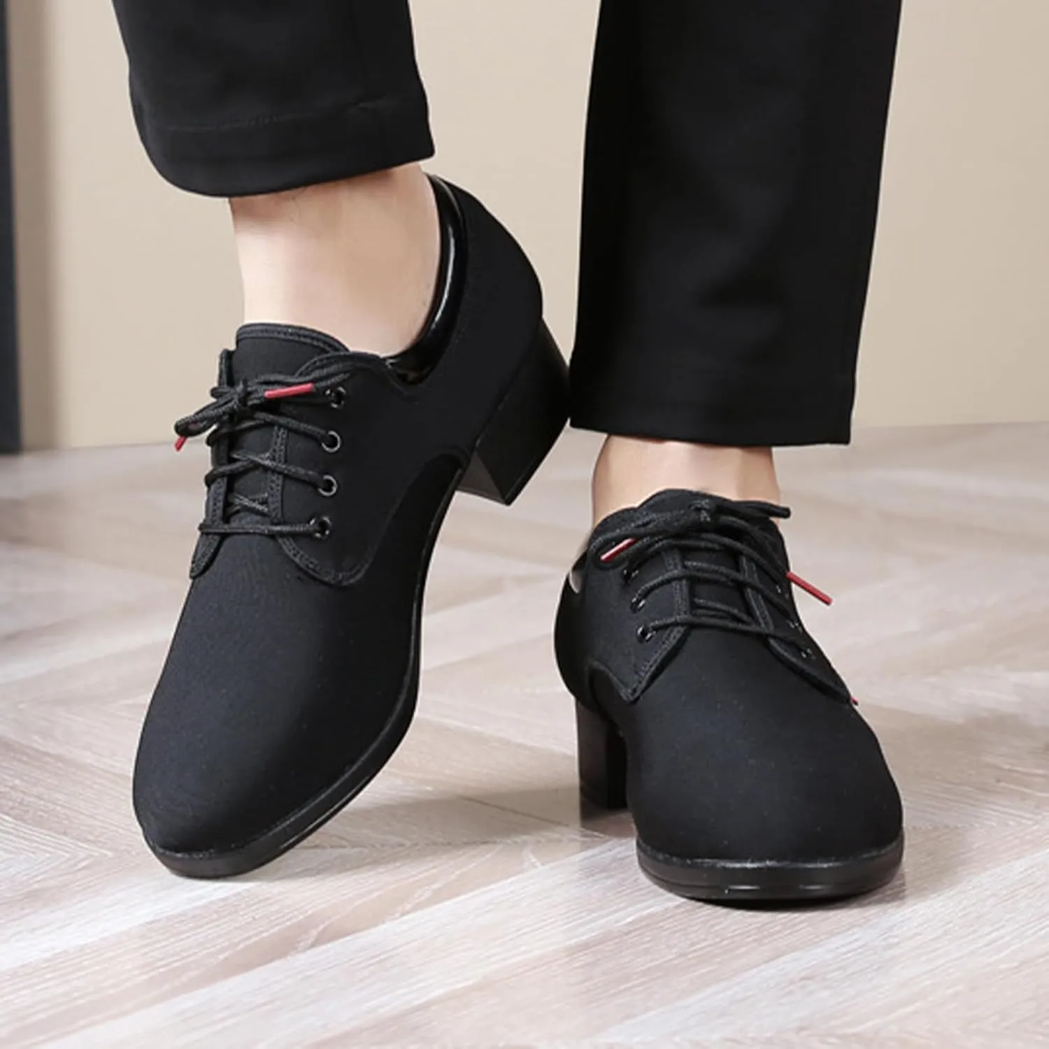 Men's Modern Dance Shoes,Comfort Low Chunky Block Heel Soft Sole Lace-up Tango Latin Ballroom Dress Oxford Cloth Shoes