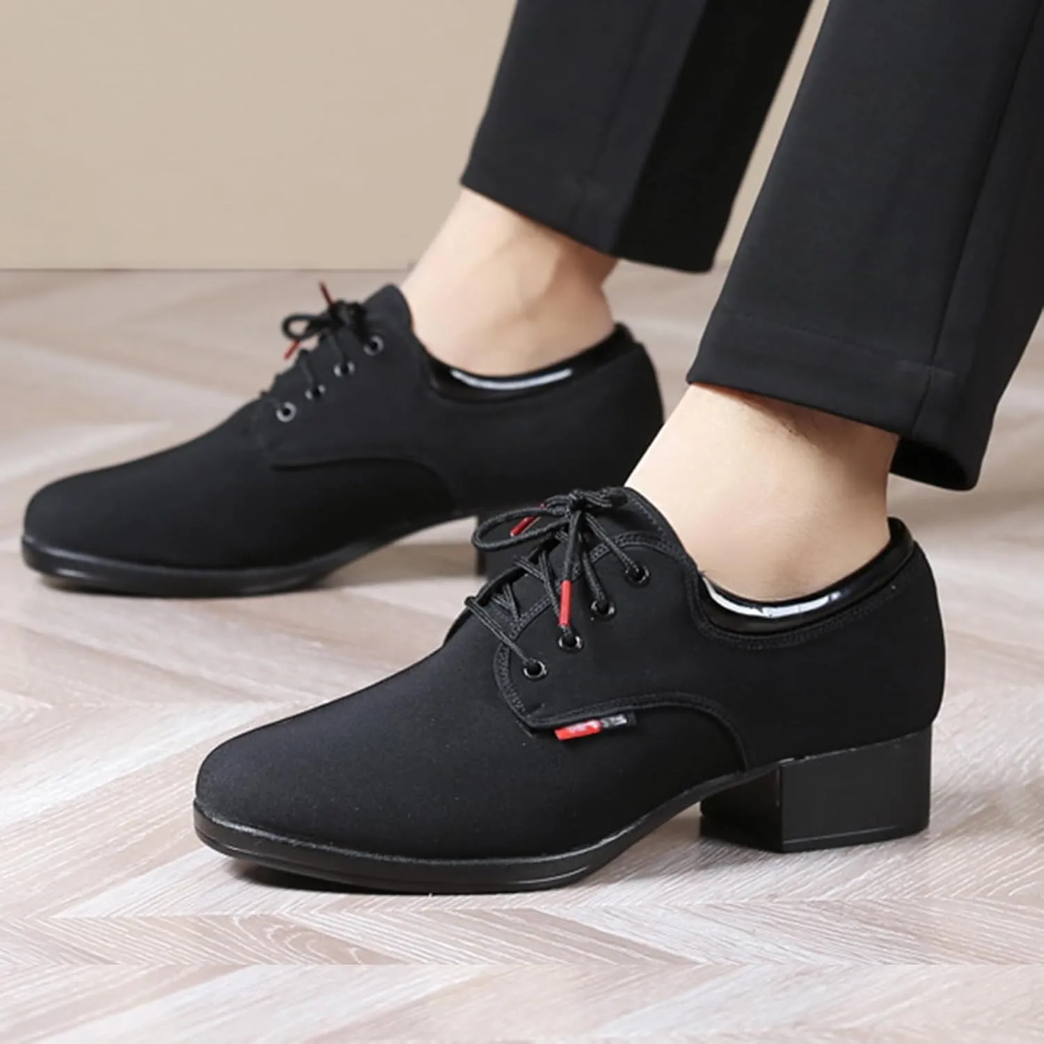 Men's Modern Dance Shoes,Comfort Low Chunky Block Heel Soft Sole Lace-up Tango Latin Ballroom Dress Oxford Cloth Shoes