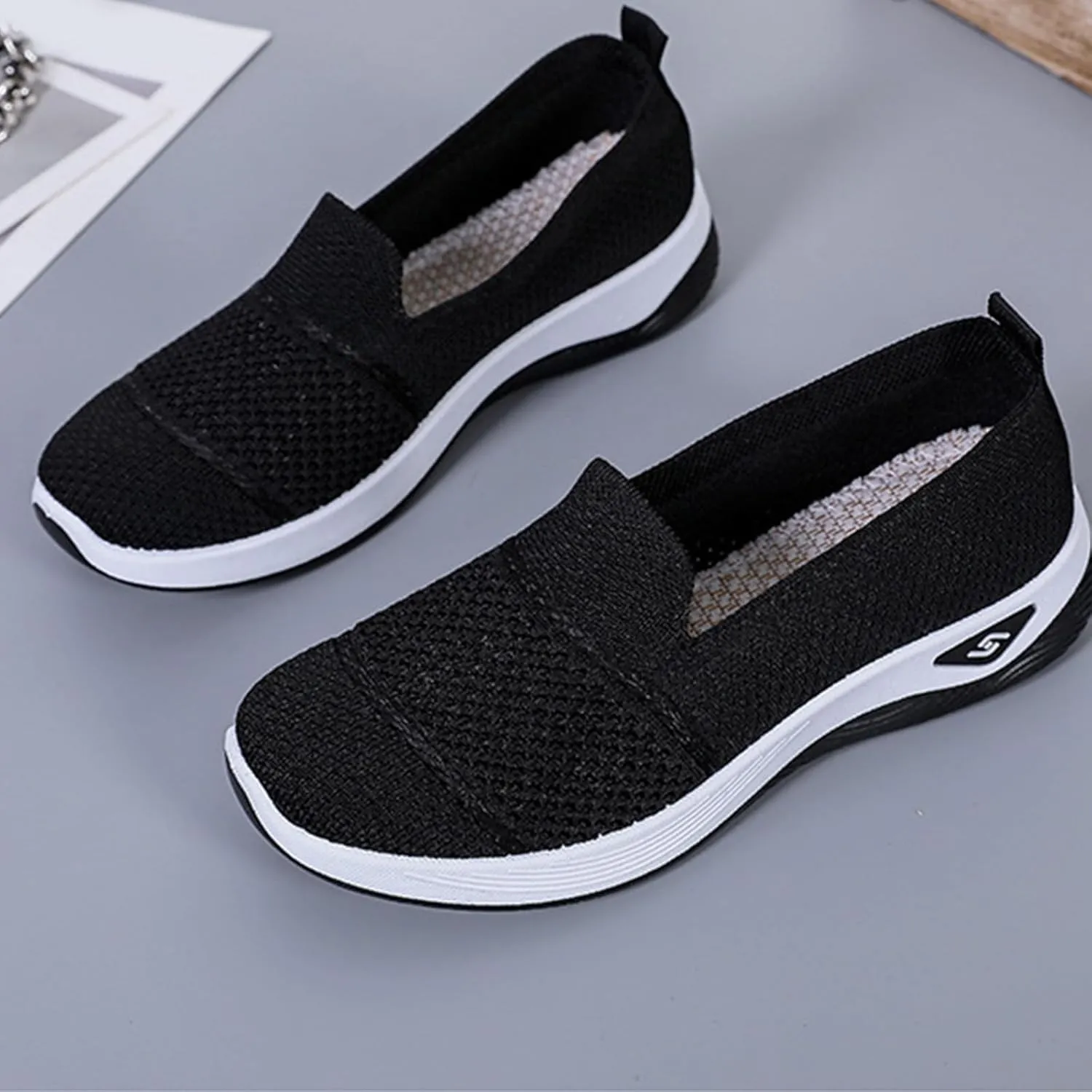 Mmoneyake Women's Woven Orthopedic Breathable Soft Shoes Diabetic Foam Walking Shoes Mesh Knitted Woven Low Top Walking Shoe Slip-On Indoor Outdoor Casual Sneakers