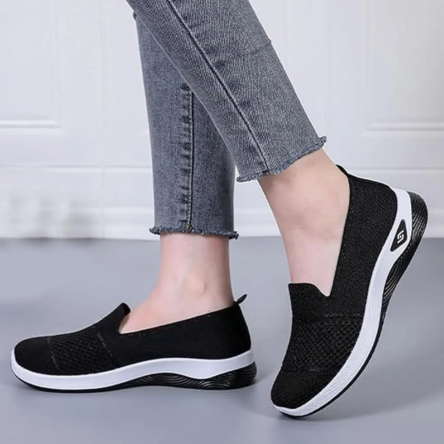 Mmoneyake Women's Woven Orthopedic Breathable Soft Shoes Diabetic Foam Walking Shoes Mesh Knitted Woven Low Top Walking Shoe Slip-On Indoor Outdoor Casual Sneakers