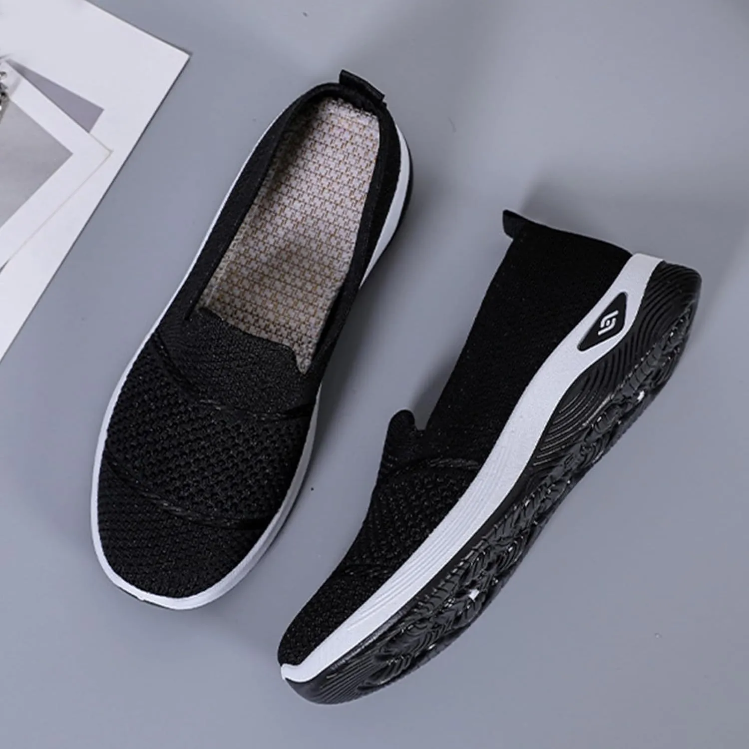 Mmoneyake Women's Woven Orthopedic Breathable Soft Shoes Diabetic Foam Walking Shoes Mesh Knitted Woven Low Top Walking Shoe Slip-On Indoor Outdoor Casual Sneakers