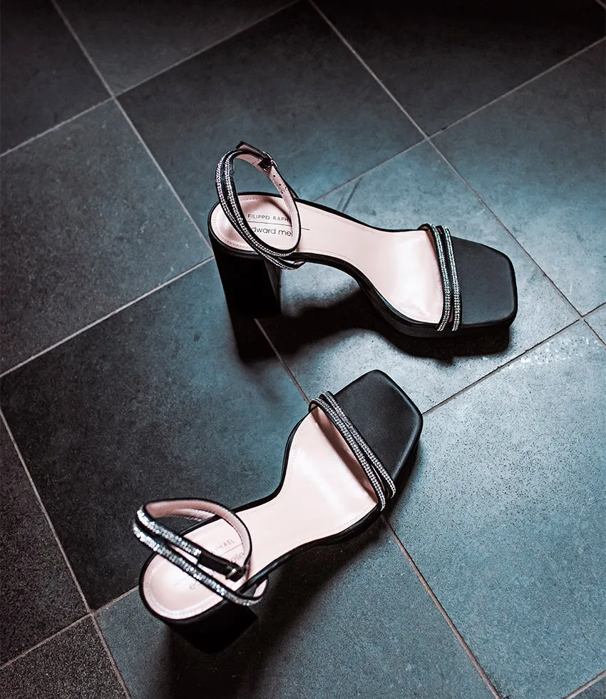 RASSO95 Platform Sandal with Diamante Straps in Black Satin