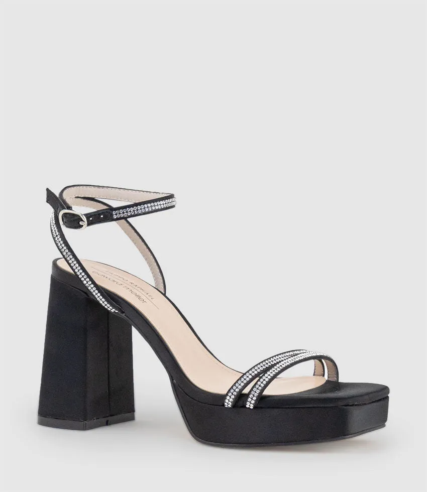 RASSO95 Platform Sandal with Diamante Straps in Black Satin