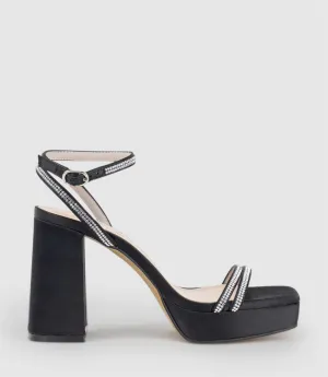 RASSO95 Platform Sandal with Diamante Straps in Black Satin