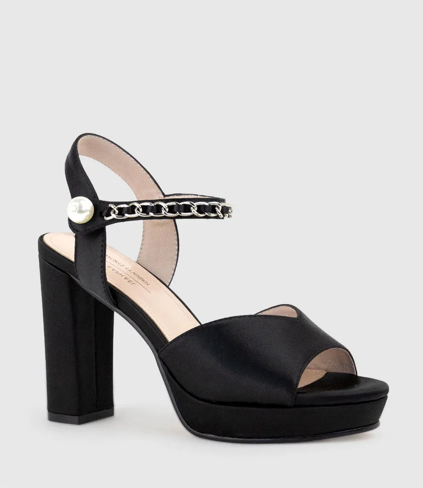 REGAN100 Platform Sandal with Chain in Black Satin