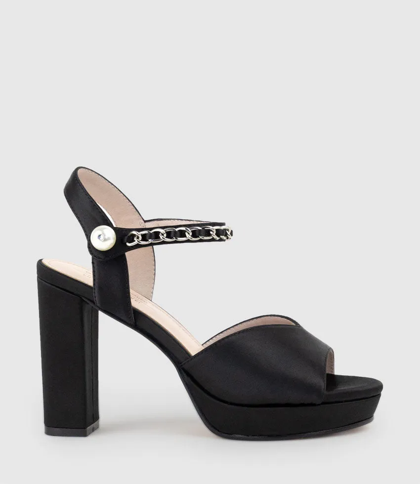 REGAN100 Platform Sandal with Chain in Black Satin