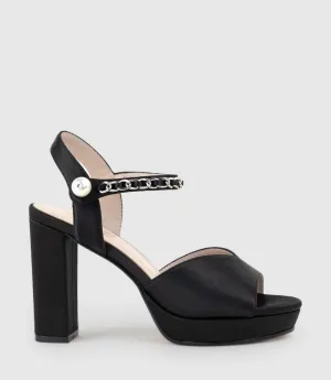 REGAN100 Platform Sandal with Chain in Black Satin