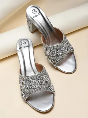 Rocia By Regal Silver Women Heavy Embroidered Block Heel Sandals
