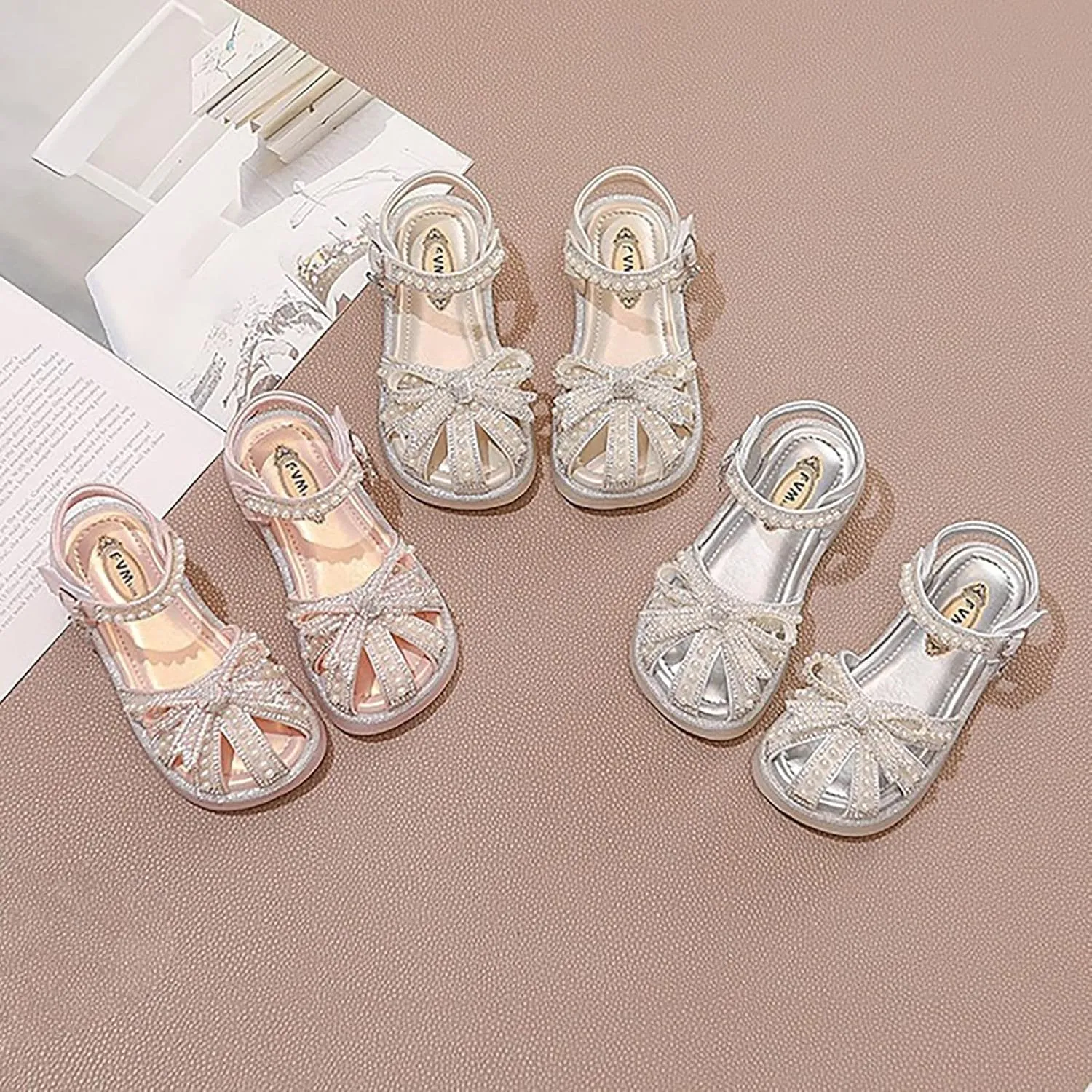 Rose Jelly Sandals Kids Baby Summer Girls Closed Toe Sandals Pearl Glitter Diamond Crystal Bow Heels Sandals for Girls