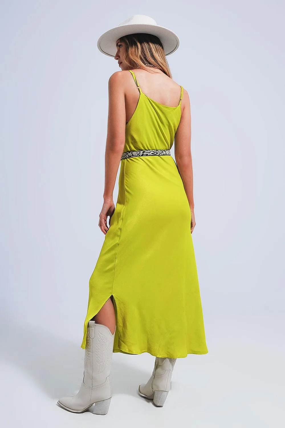 Satin Cami Strap Midi Slip Dress In Green