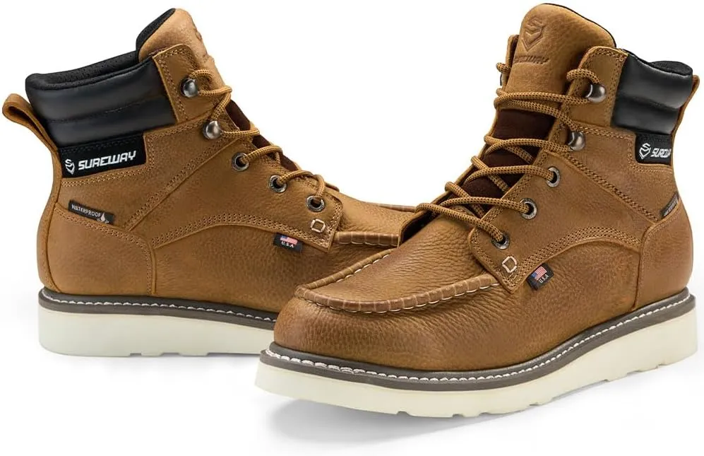 SUREWAY Men's 6" Heavy Duty Soft Toe Waterproof Work Boots,EH Construction Industrial Safety Leather Work Boots,Lace Up Moc Toe Work Boot,Goodyear Welt Oil/Slip Resistant Comfortable Outsole