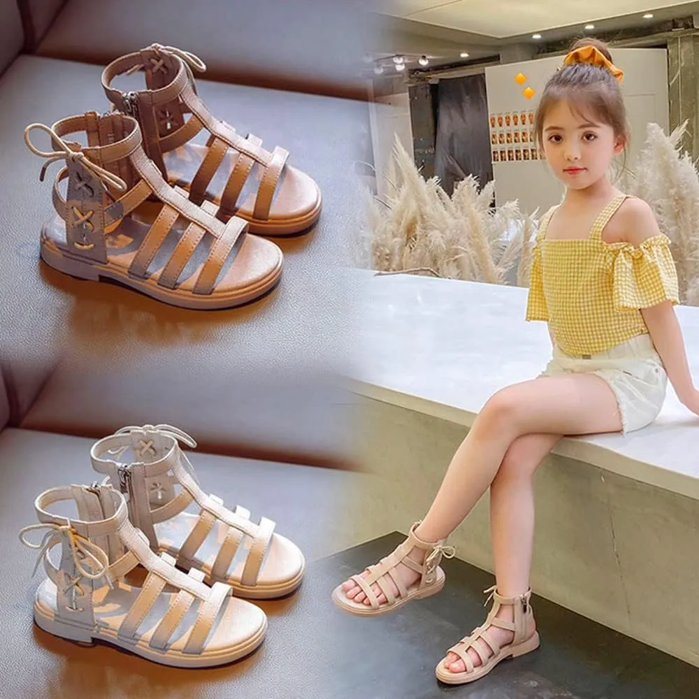 TangDao Toddler Little Girls Sandals Fashion Summer Strappy Flats Gladiator Shoe Side Zipper Non Slip Rubber Sole Beach Shoes Outdoor Princess Dress Flats