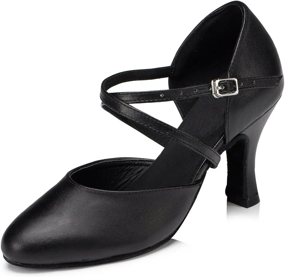 TDA Women's Comfort Ankle Strap Leather Classic Salsa Tango Ballroom Latin Modern Dance Wedding Shoes
