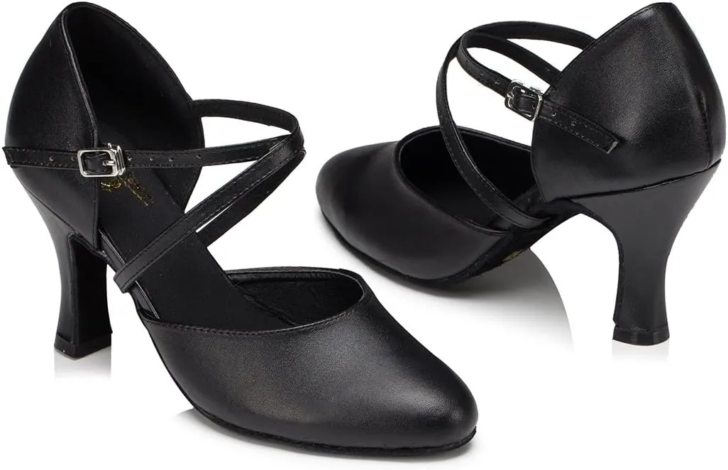 TDA Women's Comfort Ankle Strap Leather Classic Salsa Tango Ballroom Latin Modern Dance Wedding Shoes
