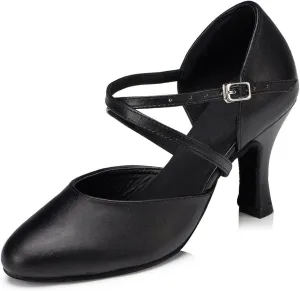 TDA Women's Comfort Ankle Strap Leather Classic Salsa Tango Ballroom Latin Modern Dance Wedding Shoes