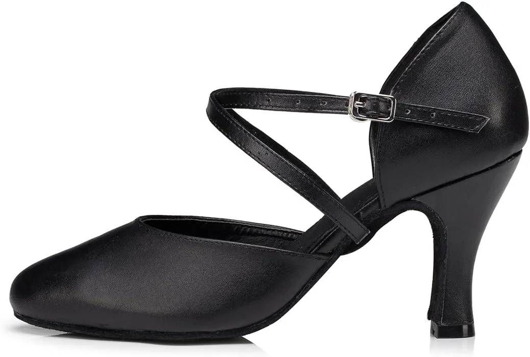 TDA Women's Comfort Ankle Strap Leather Classic Salsa Tango Ballroom Latin Modern Dance Wedding Shoes