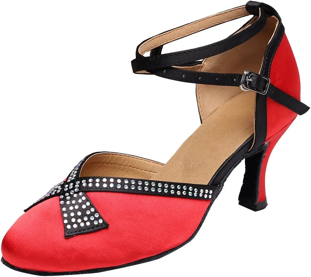 TDA Women's Comfort Ankle Wrap Crystals Satin Salsa Tango Ballroom Latin Modern Dance Wedding Shoes