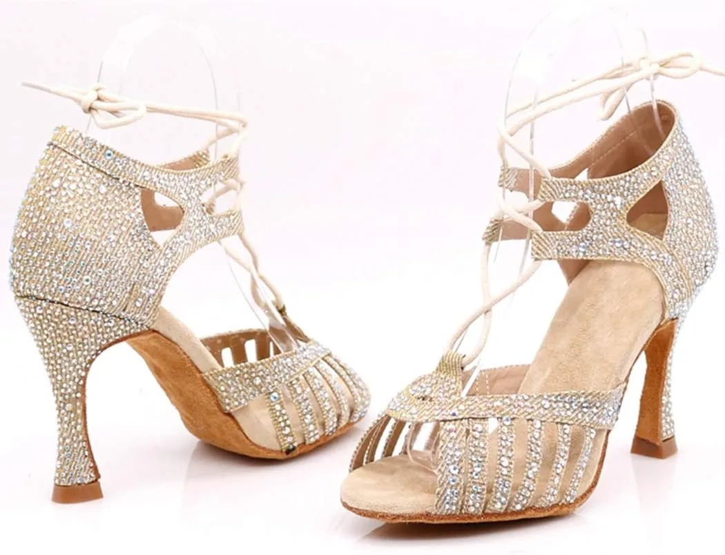TDA Women's Fashion Lace-up Rhinestones Peep Toe Salsa Tango Ballroom Latin Modern Wedding Dance Shoes