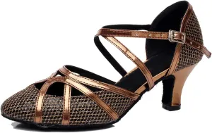 TDA Women's Mid Heel Closed Toe Cross Strap Glitter Jazz Rumba Salsa Ballroom Modern Latin Dance Shoes