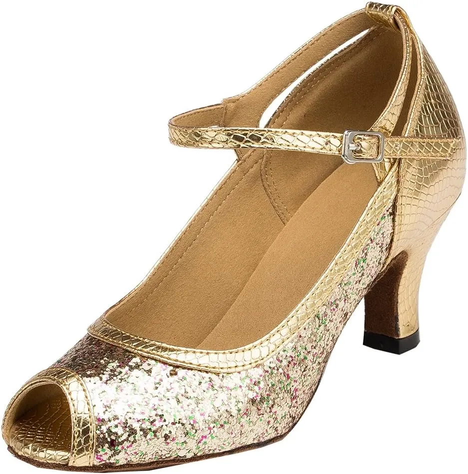 TDA Womens Peep Toe Mary Janes Sequins Latin Modern Salsa Tango Ballroom Wedding Dance Shoes