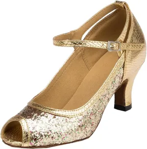 TDA Womens Peep Toe Mary Janes Sequins Latin Modern Salsa Tango Ballroom Wedding Dance Shoes