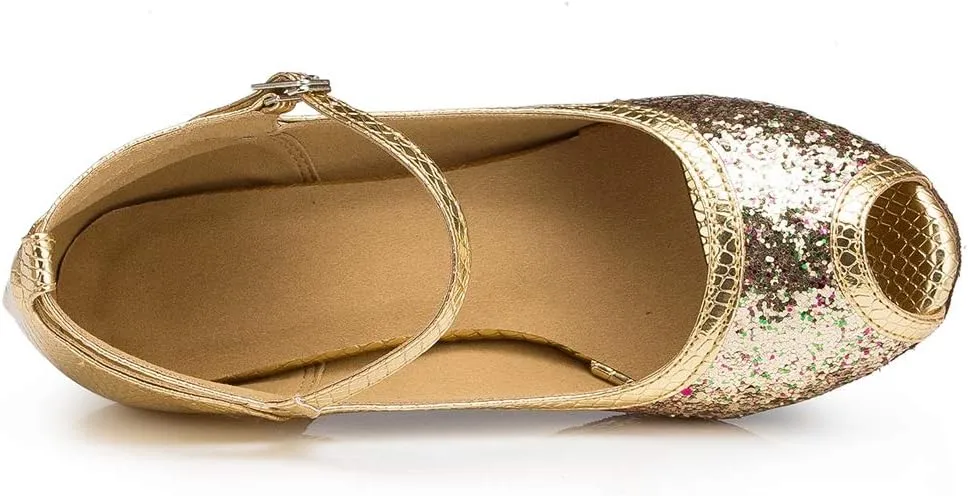 TDA Womens Peep Toe Mary Janes Sequins Latin Modern Salsa Tango Ballroom Wedding Dance Shoes