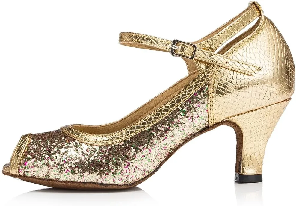 TDA Womens Peep Toe Mary Janes Sequins Latin Modern Salsa Tango Ballroom Wedding Dance Shoes