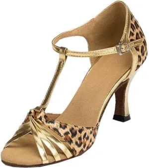 TDA Womens Peep Toe T-strap Leopard Latin Modern Salsa Tango Ballroom Wedding Dance Shoes