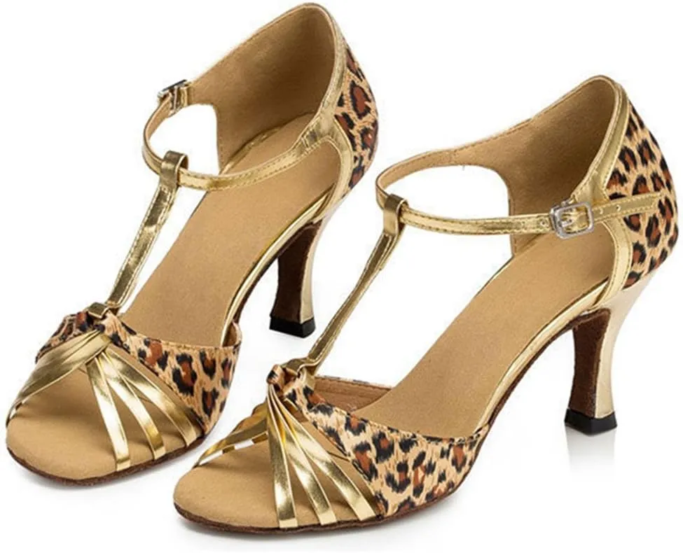 TDA Womens Peep Toe T-strap Leopard Latin Modern Salsa Tango Ballroom Wedding Dance Shoes